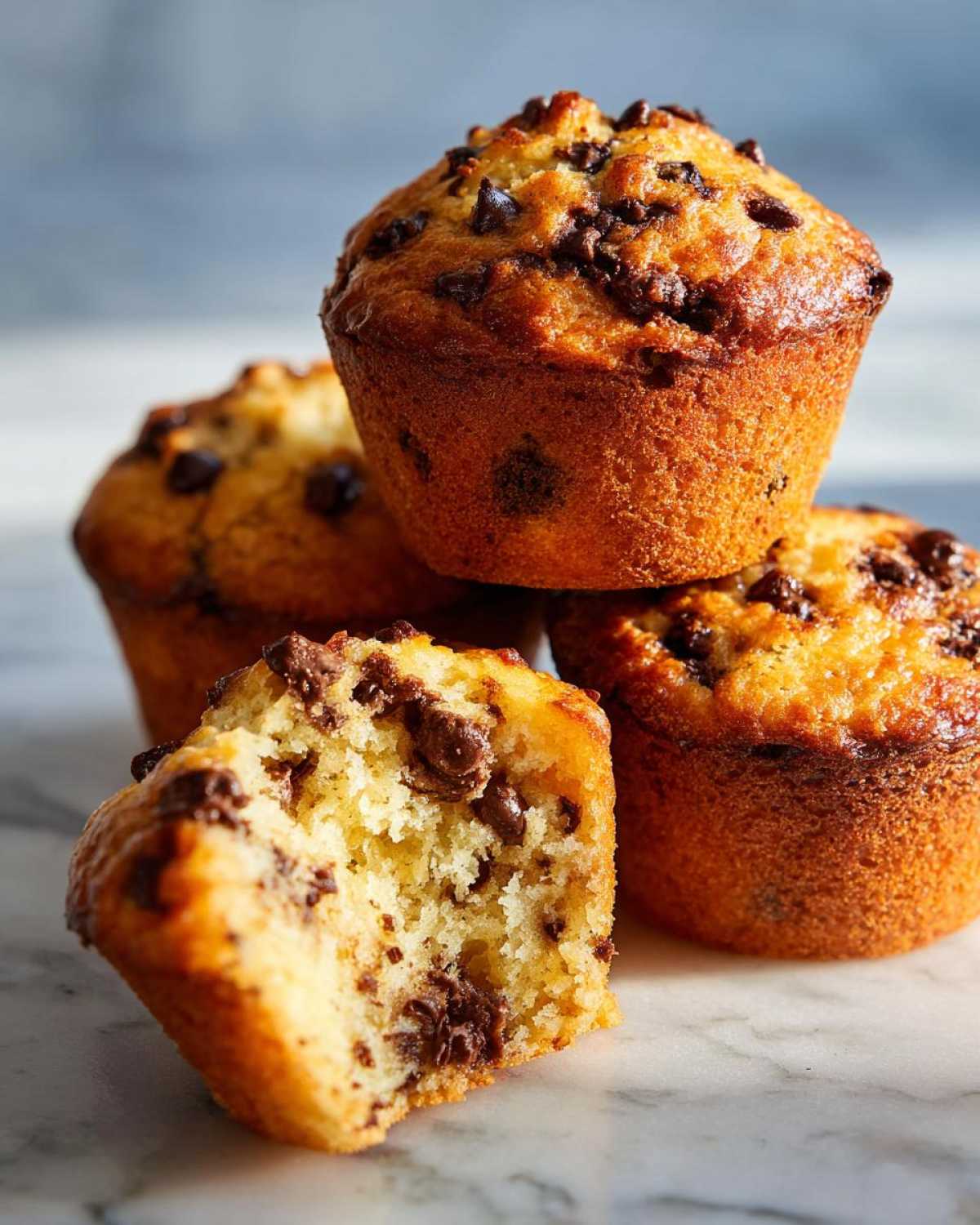 Close-up of moist Chocolate Chip Banana Muffins, one broken open showing the soft interior.