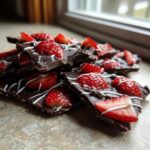 A pile of broken pieces of Chocolate Covered Strawberry Bark topped with fresh strawberry slices and white chocolate drizzle.