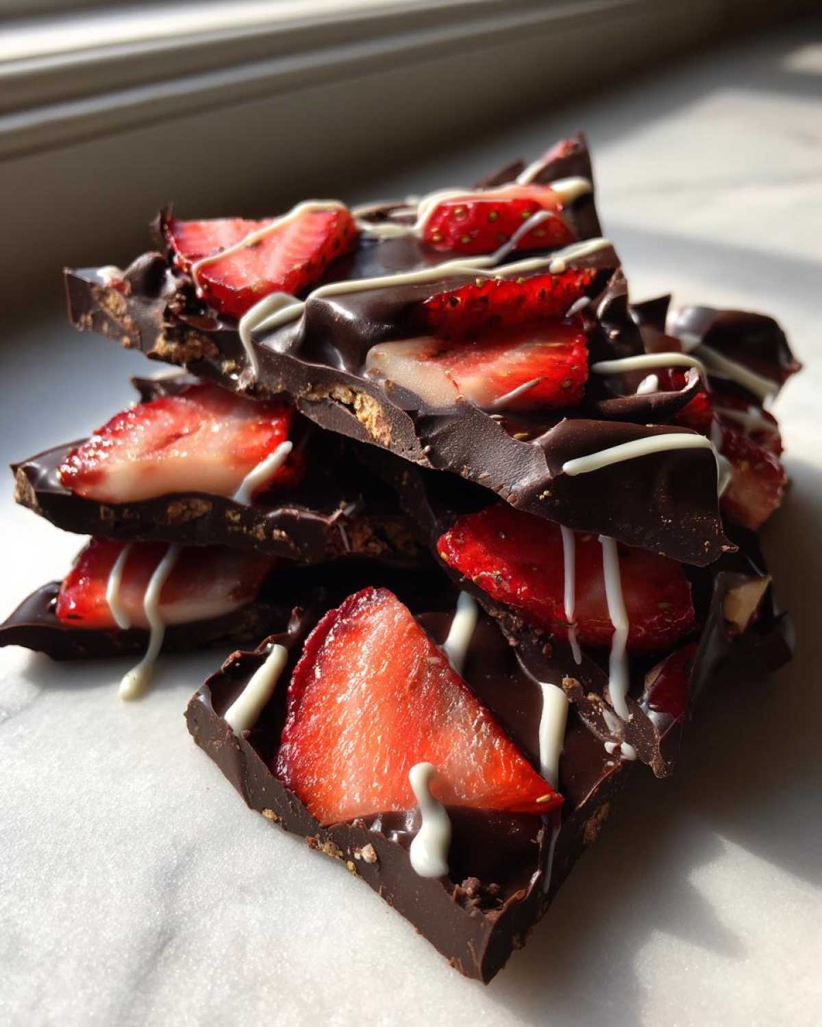 A stack of dark chocolate covered strawberry bark pieces topped with fresh strawberry slices and white chocolate drizzle.