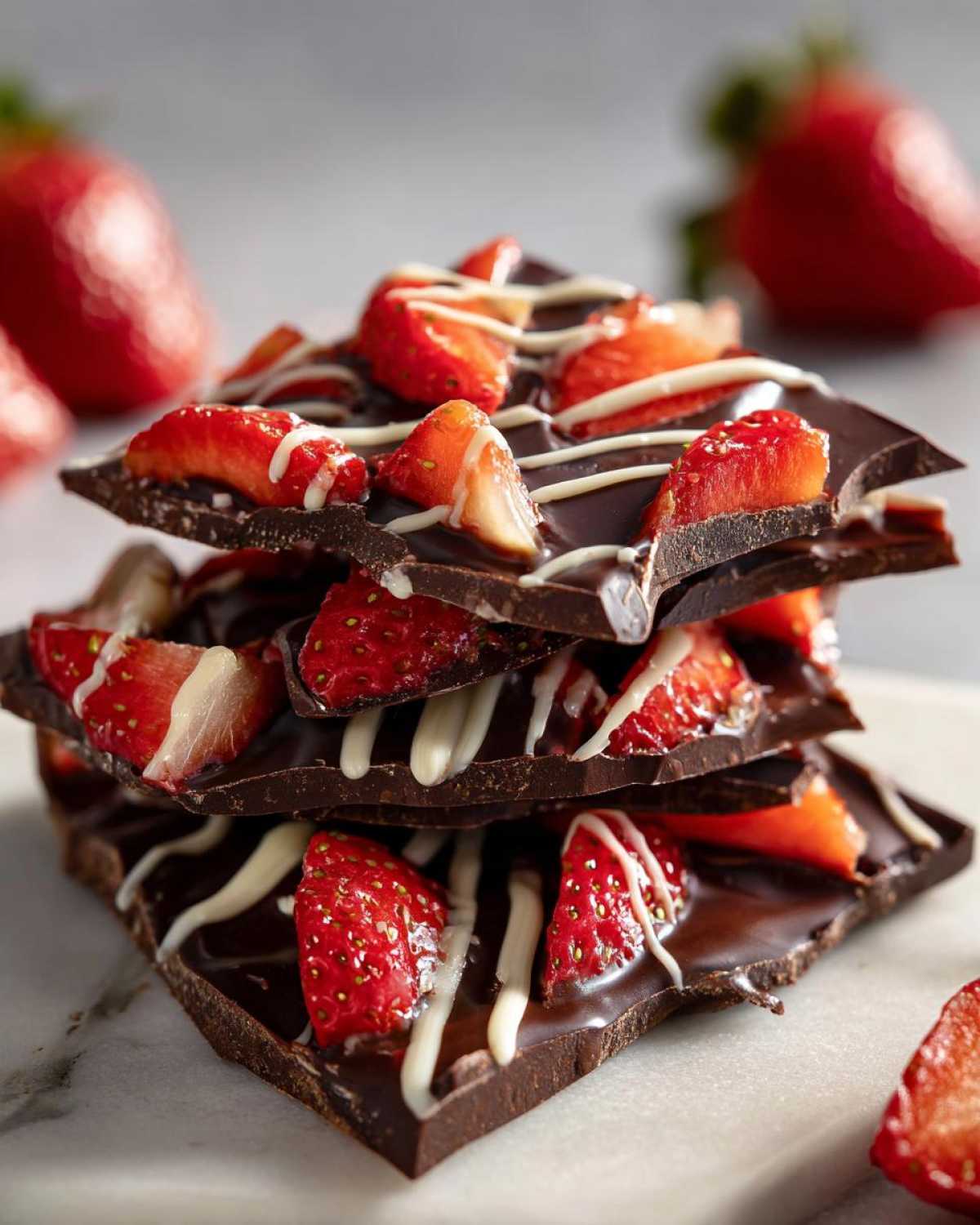 A stack of broken pieces of dark Chocolate Covered Strawberry Bark topped with fresh strawberries and white chocolate drizzle.