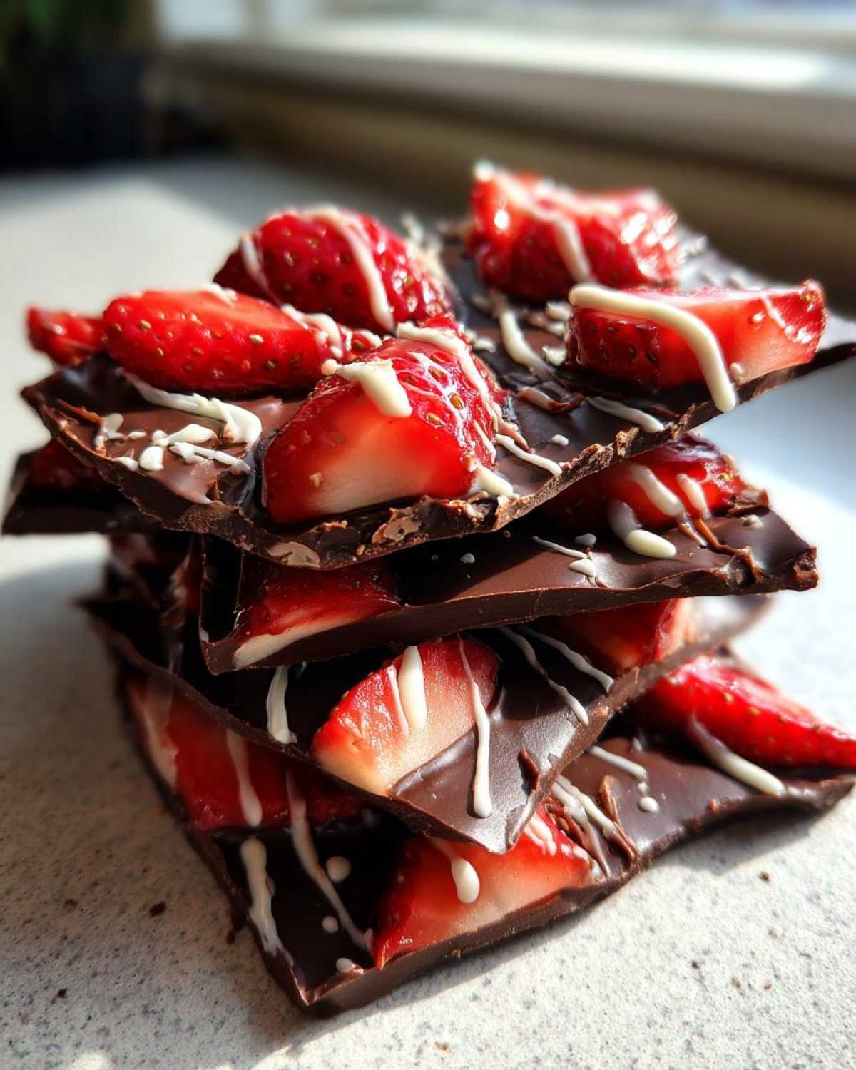 A stack of dark chocolate covered strawberry bark pieces topped with fresh strawberry slices and white chocolate drizzle.