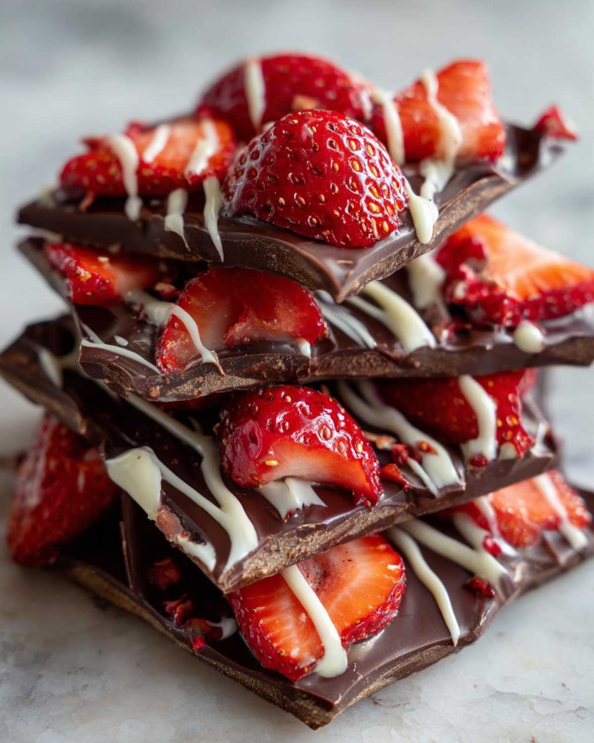 A stack of broken pieces of dark Chocolate Covered Strawberry Bark topped with fresh strawberries and white chocolate drizzle.