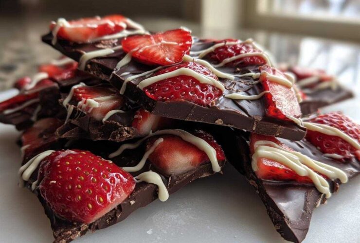 A stack of broken pieces of dark Chocolate Covered Strawberry Bark topped with fresh strawberry slices and white chocolate drizzle.