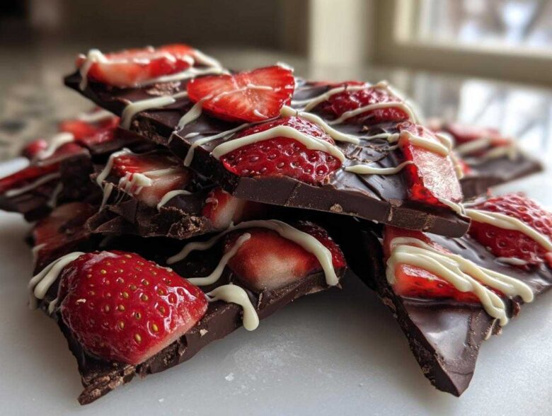 A stack of broken pieces of dark Chocolate Covered Strawberry Bark topped with fresh strawberry slices and white chocolate drizzle.