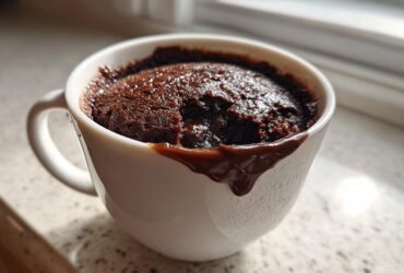 Close-up of a rich Chocolate Lava Mug Cake overflowing slightly with melted chocolate in a white mug.