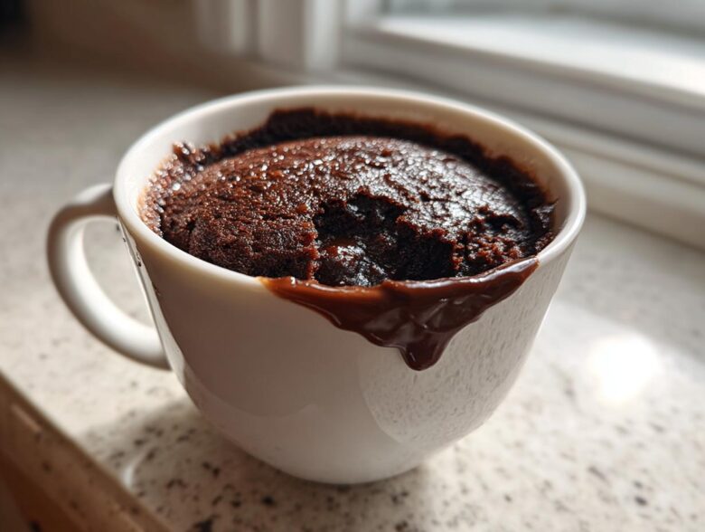 Close-up of a rich Chocolate Lava Mug Cake overflowing slightly with melted chocolate in a white mug.