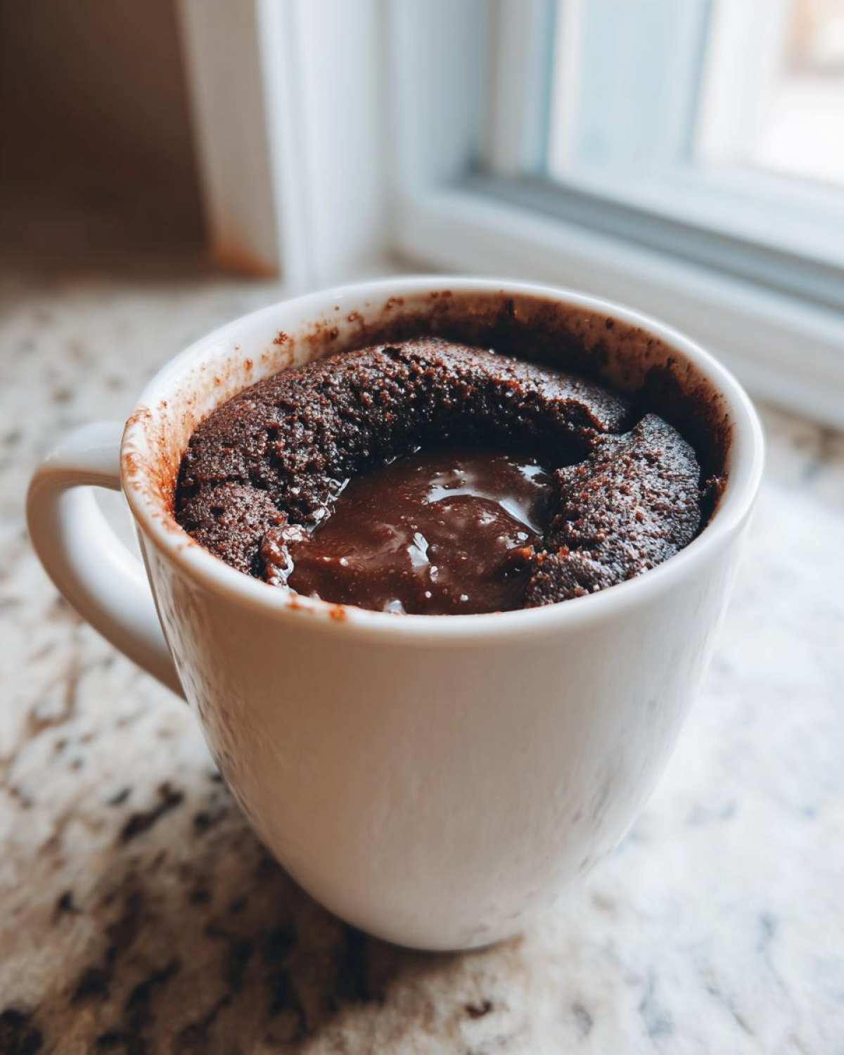 Close-up of a freshly baked Chocolate Lava Mug Cake in a white mug, showing the gooey, molten center.