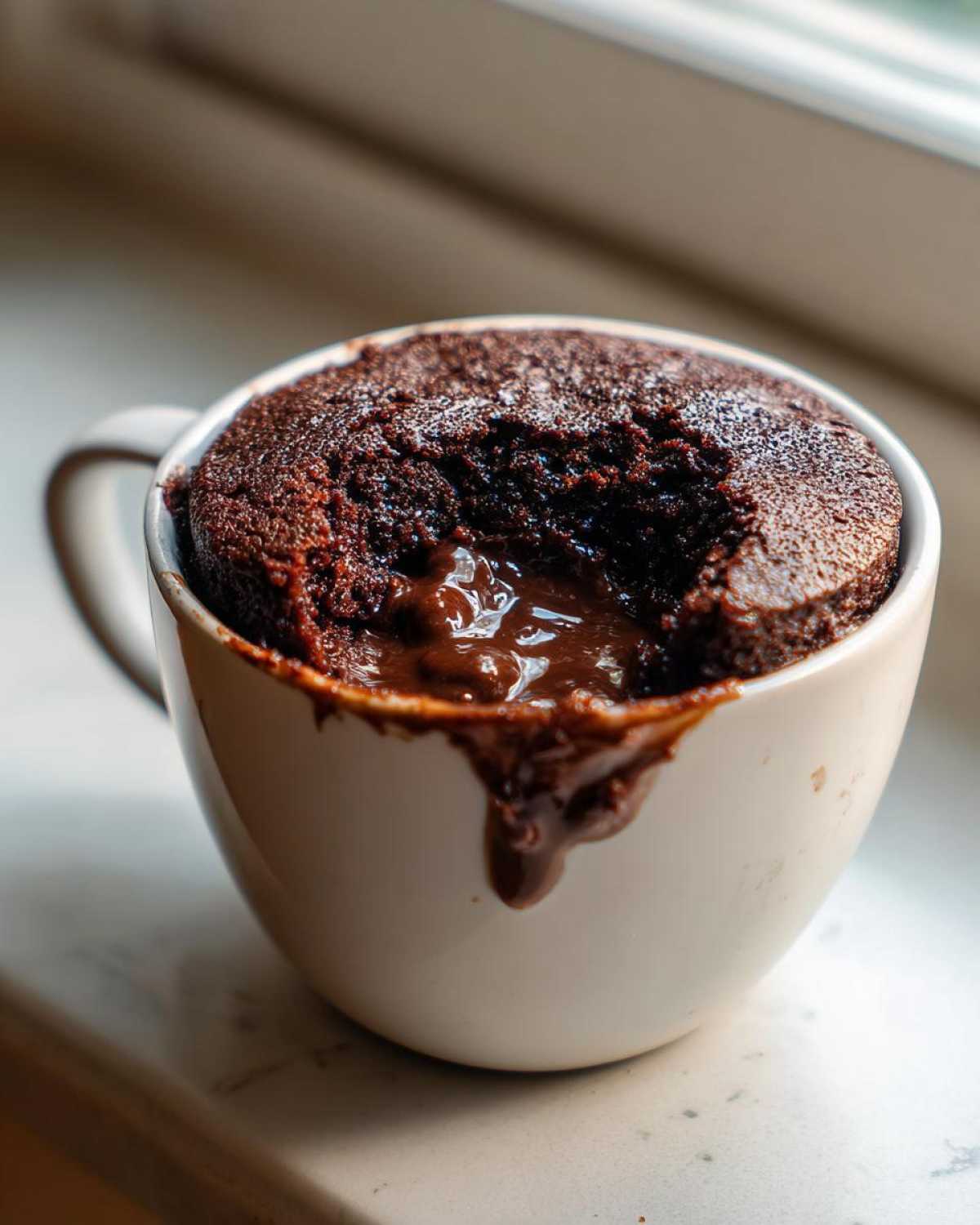 Close-up of a Chocolate Lava Mug Cake with a bite taken out, showing the gooey, molten chocolate center overflowing.
