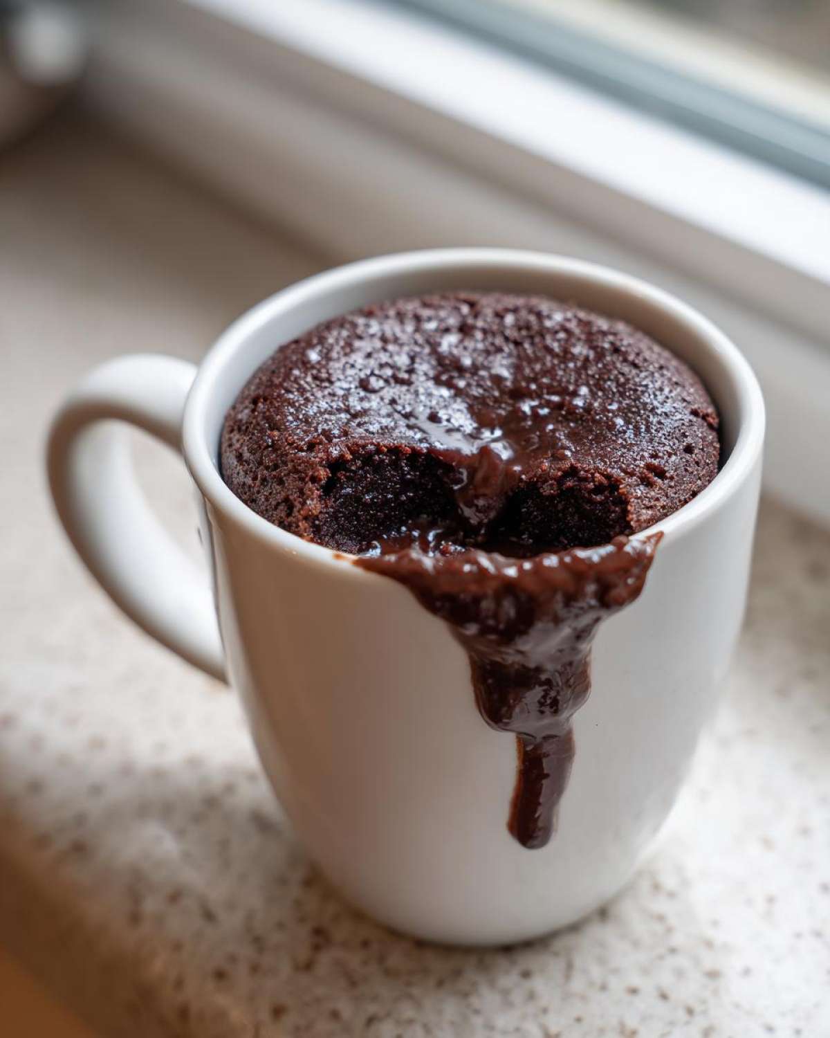 Close-up of a Chocolate Lava Mug Cake in a white mug, showing molten chocolate oozing out the side.