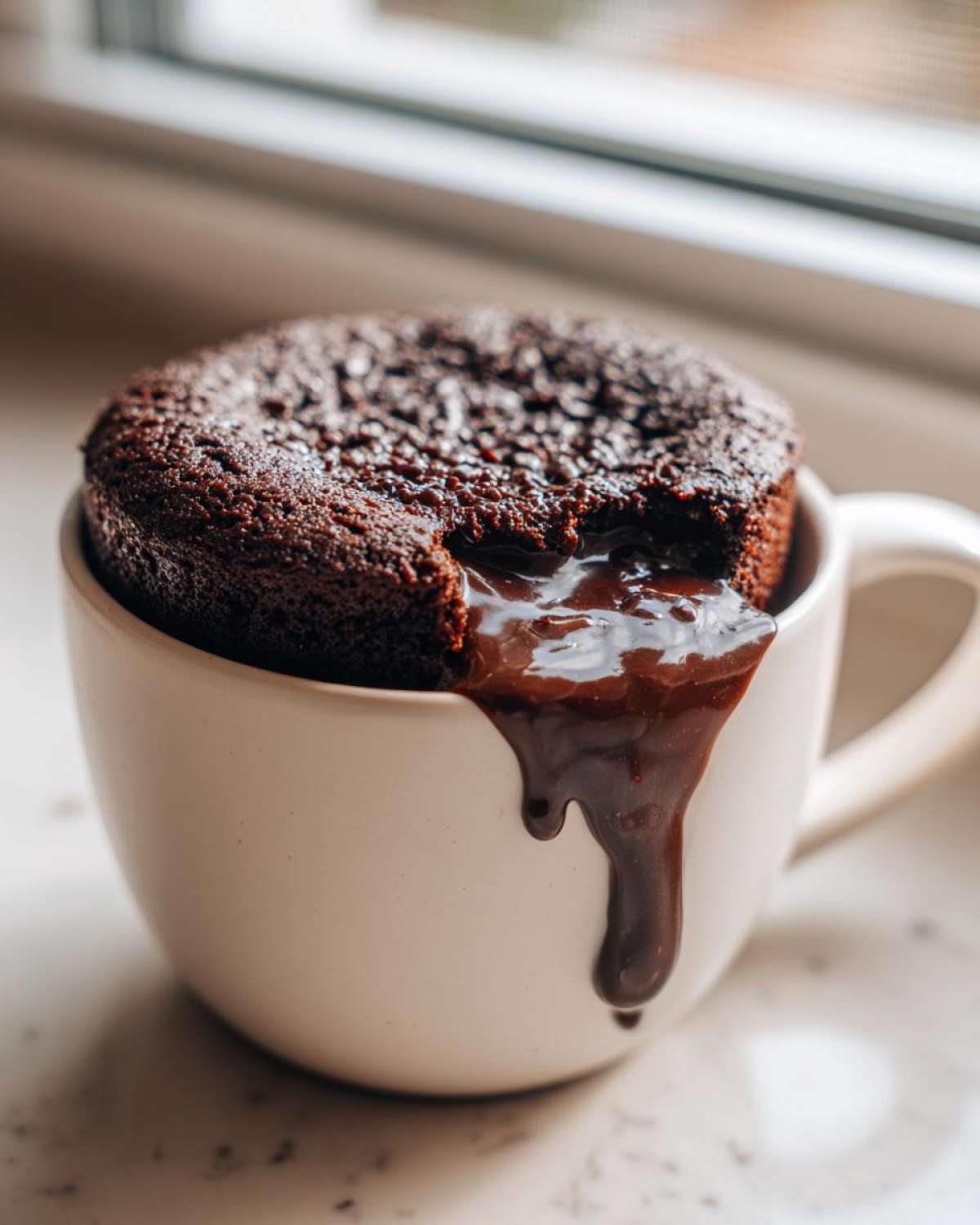 Close-up of a Chocolate Lava Mug Cake in a white mug with molten chocolate oozing out.