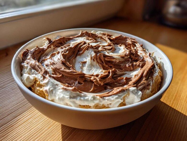 A white bowl filled with creamy Chocolate Peanut Butter Cheesecake Dip, swirled with chocolate topping.