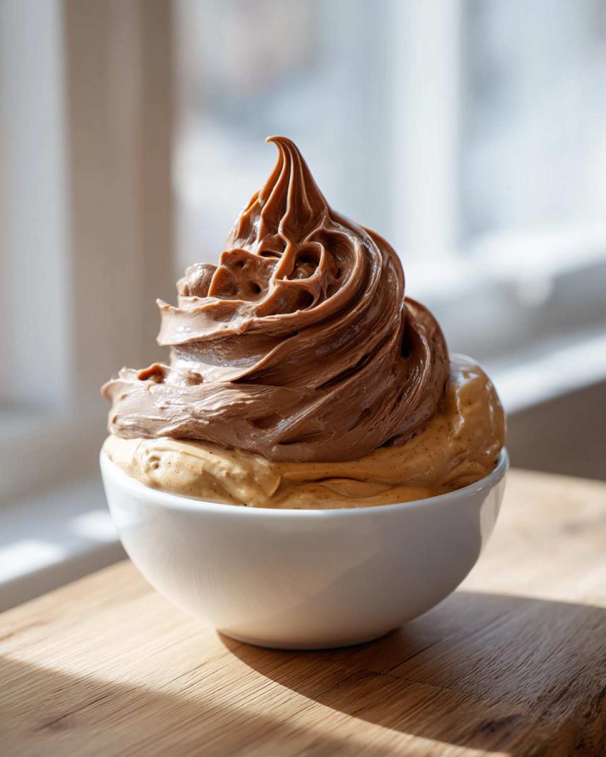 A white bowl filled with Chocolate Peanut Butter Cheesecake Dip, featuring a swirl of chocolate topping.