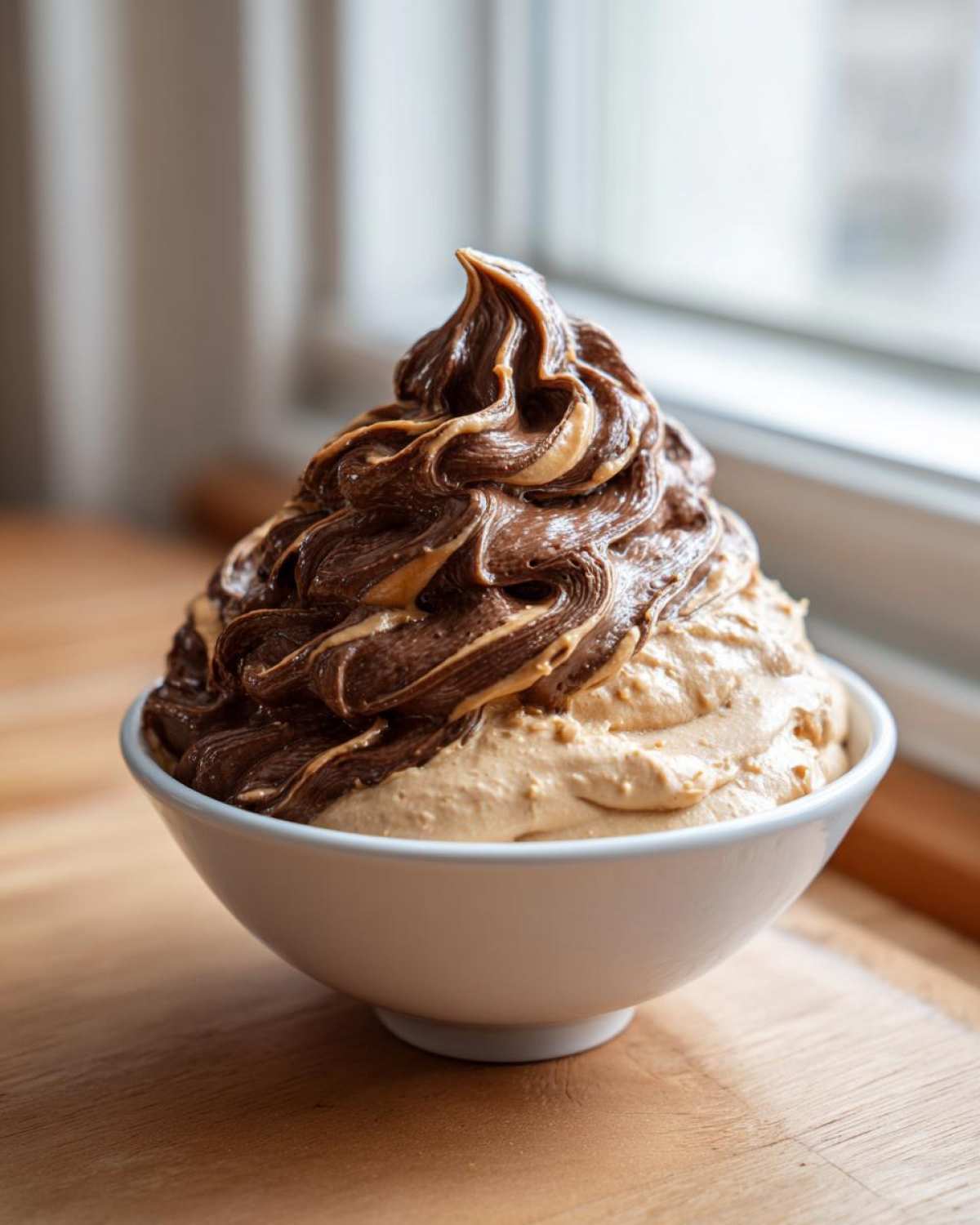 A white bowl filled with Chocolate Peanut Butter Cheesecake Dip, featuring a dramatic swirl of chocolate and peanut butter topping.
