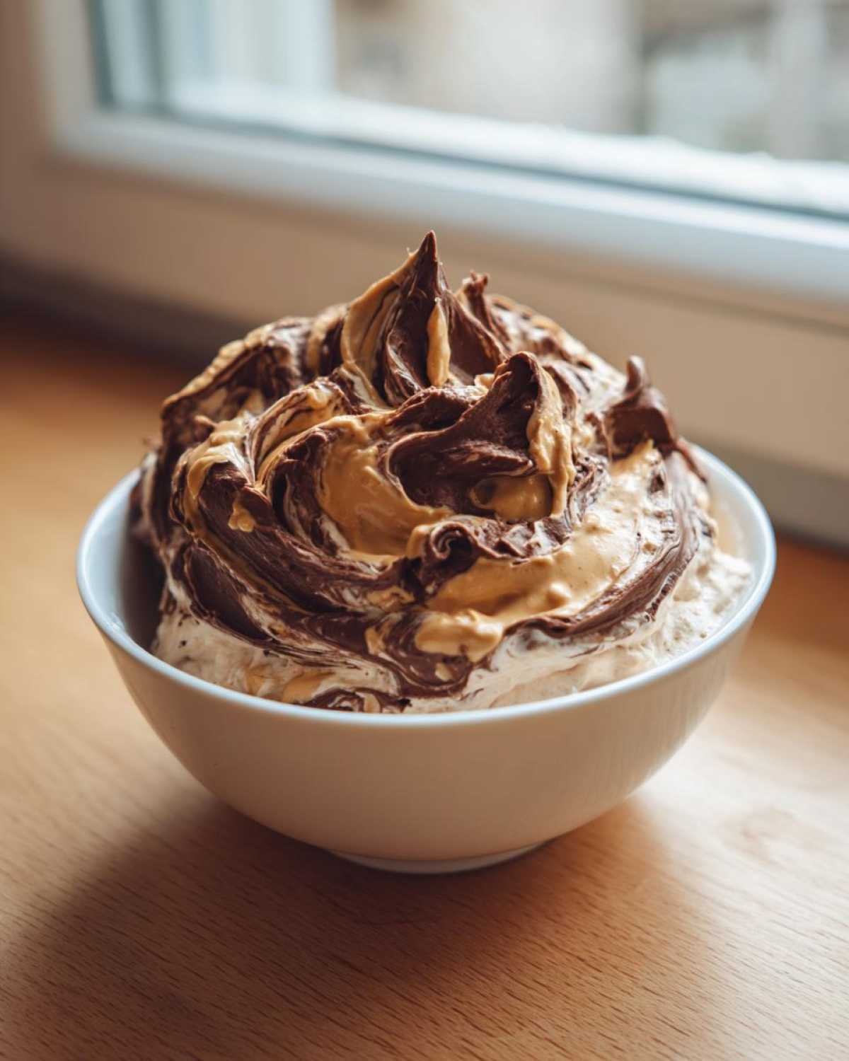 A white bowl filled with decadent Chocolate Peanut Butter Cheesecake Dip, featuring rich swirls of chocolate and peanut butter.