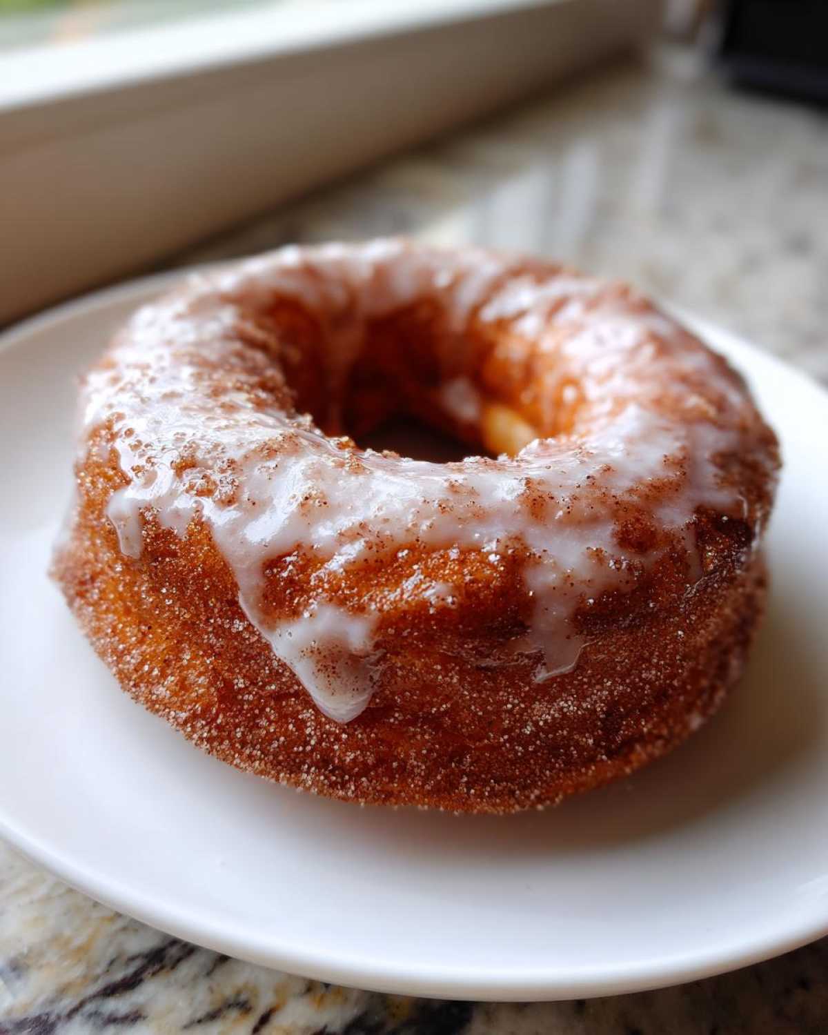 A single, golden-brown Cinnamon Sugar Air Fryer Donut topped with white glaze, resting on a white plate.