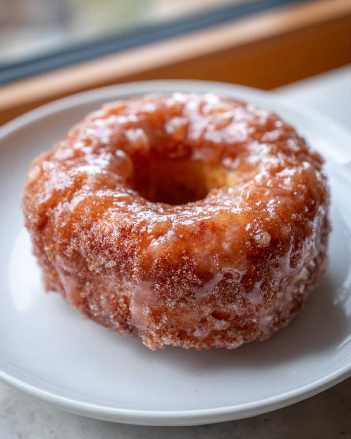 Close-up of a single, perfectly glazed Cinnamon Sugar Air Fryer Donut resting on a small white plate.