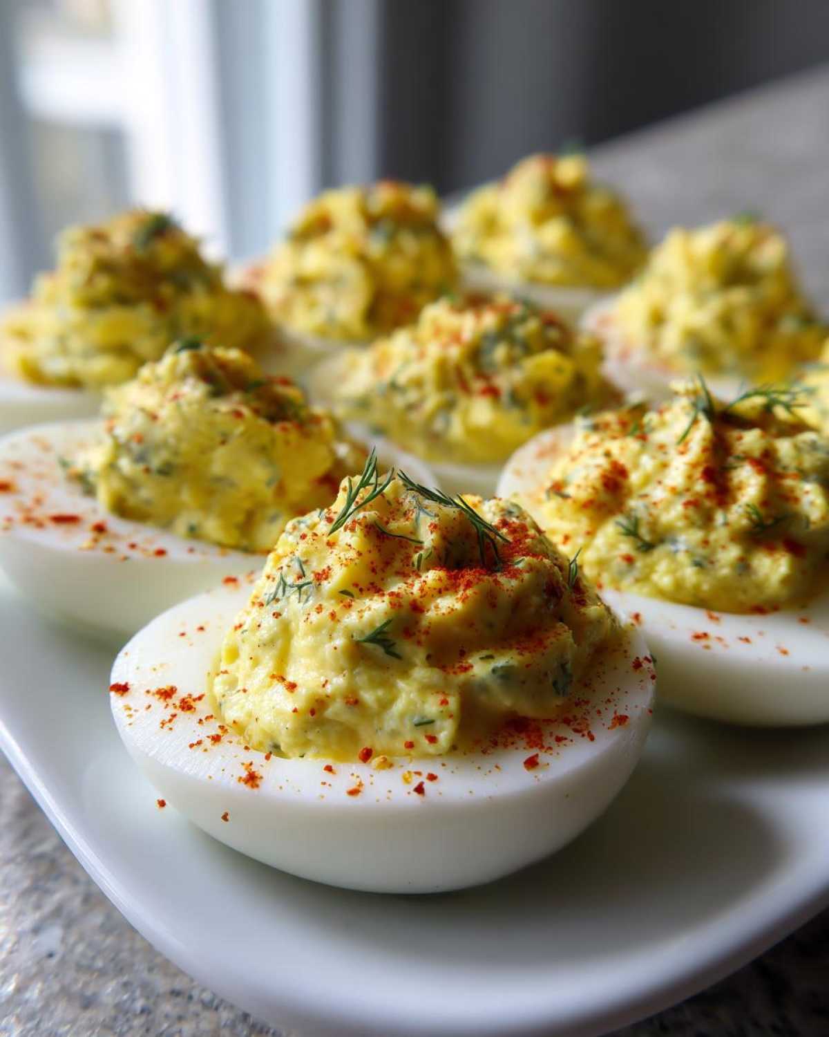 Close-up of Classic Deviled Eggs with Dill Pickle Relish, garnished with paprika and fresh dill.