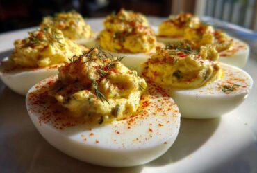Close-up of several Classic Deviled Eggs with Dill Pickle Relish, topped with paprika and fresh dill.