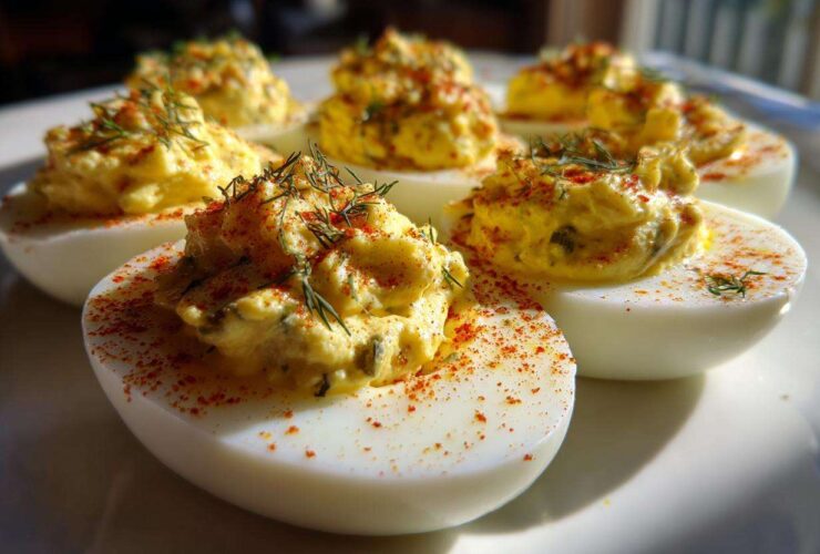 Close-up of several Classic Deviled Eggs with Dill Pickle Relish, topped with paprika and fresh dill.