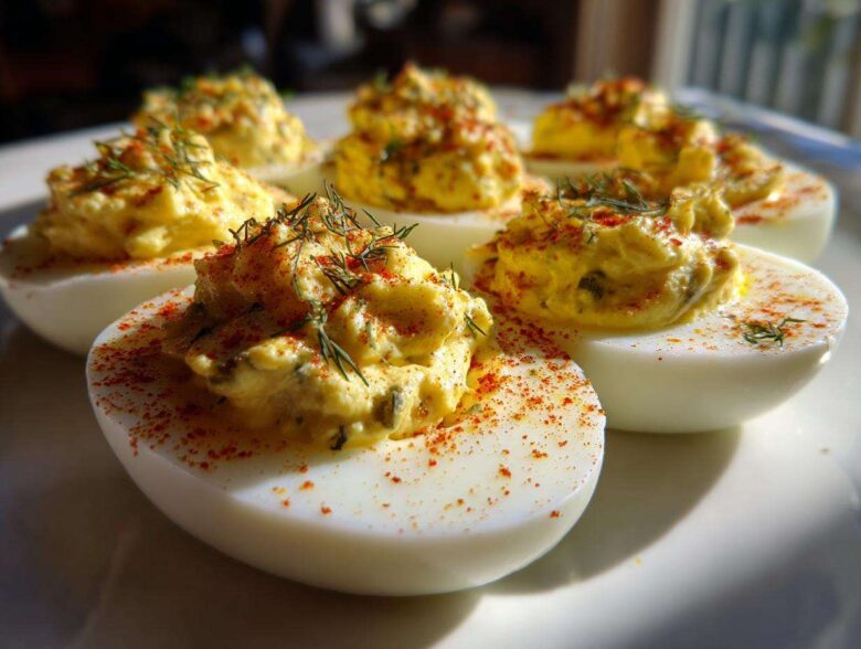 Close-up of several Classic Deviled Eggs with Dill Pickle Relish, topped with paprika and fresh dill.