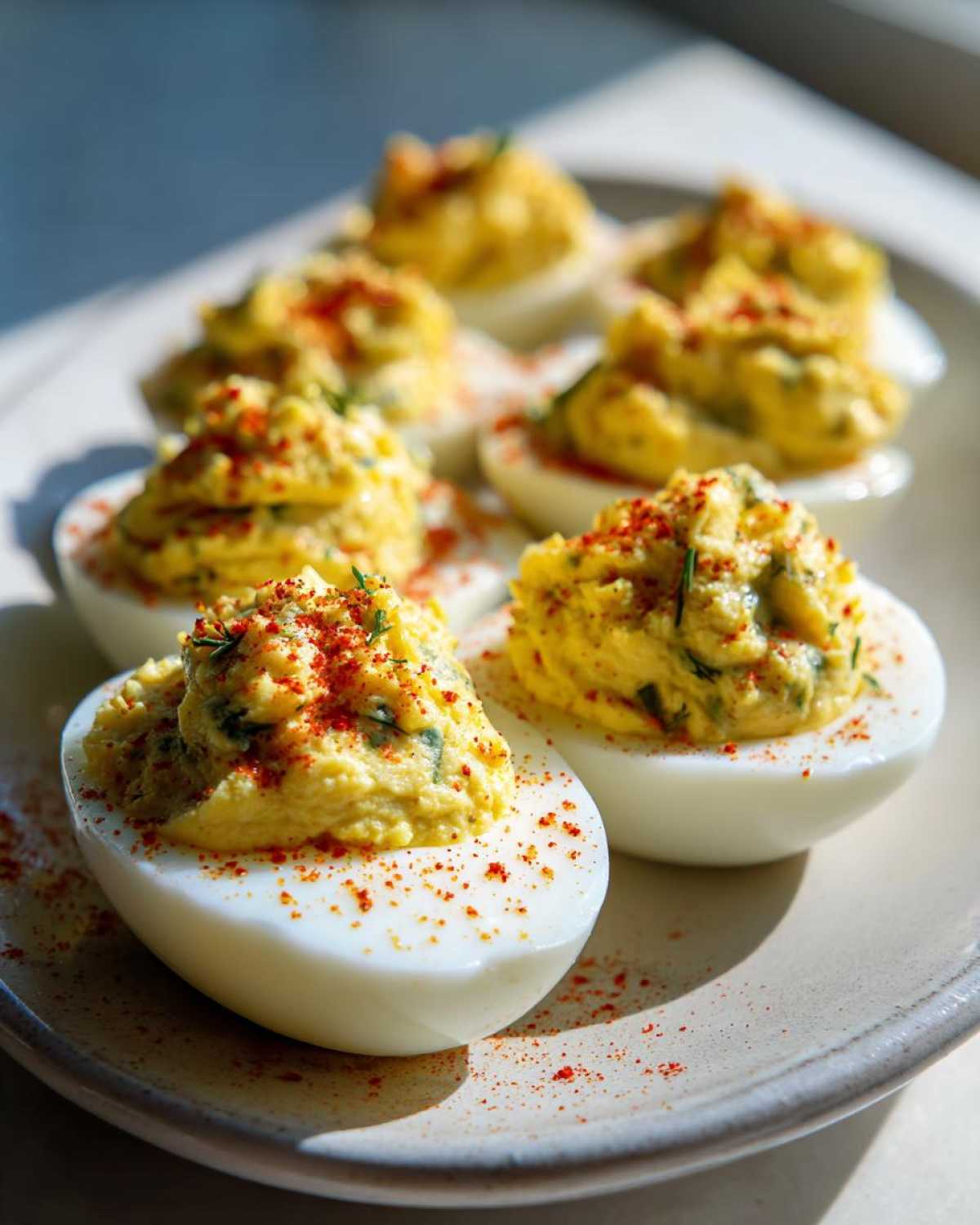 Close-up of Classic Deviled Eggs with Dill Pickle Relish, topped with paprika.
