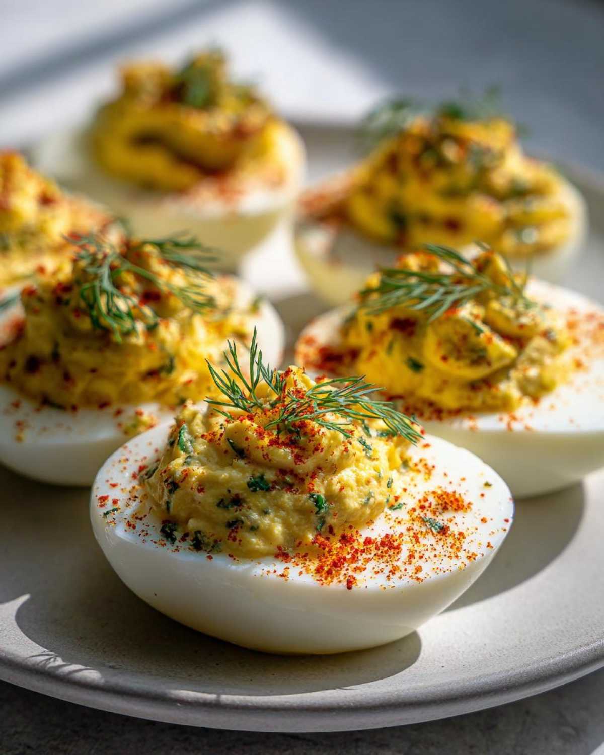 A close-up of Classic Deviled Eggs with Dill Pickle Relish, topped with paprika and fresh dill.