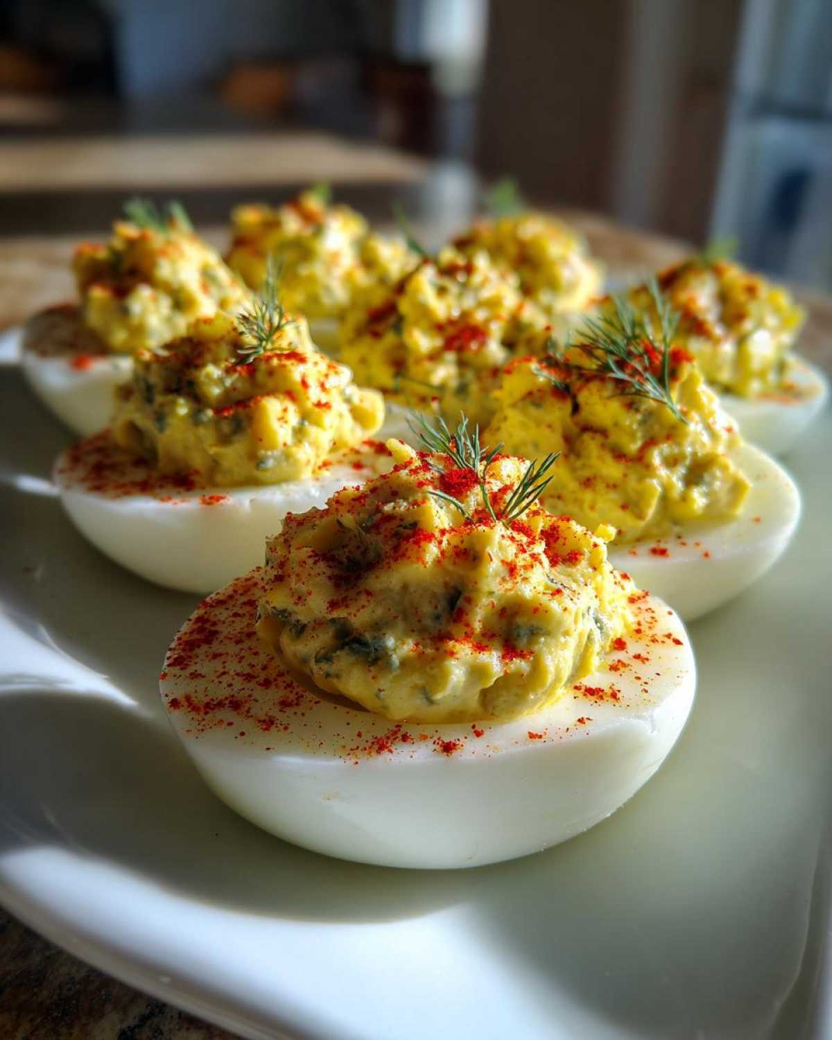 Close-up of Classic Deviled Eggs with Dill Pickle Relish, garnished with paprika and fresh dill.