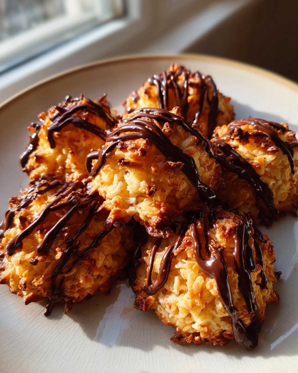 A close-up of golden-brown Coconut Macaroons with Dark Chocolate Drizzle stacked on a light plate.
