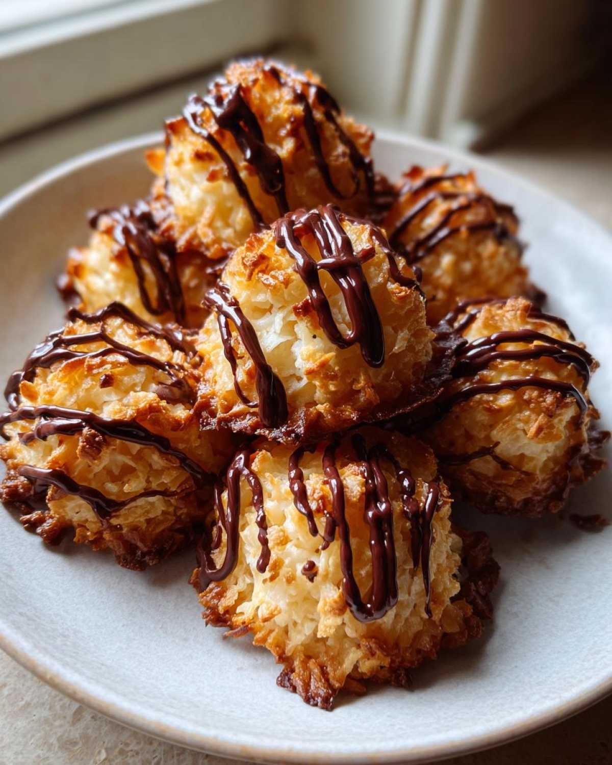 A pile of golden-brown Coconut Macaroons with Dark Chocolate Drizzle stacked on a light gray plate.