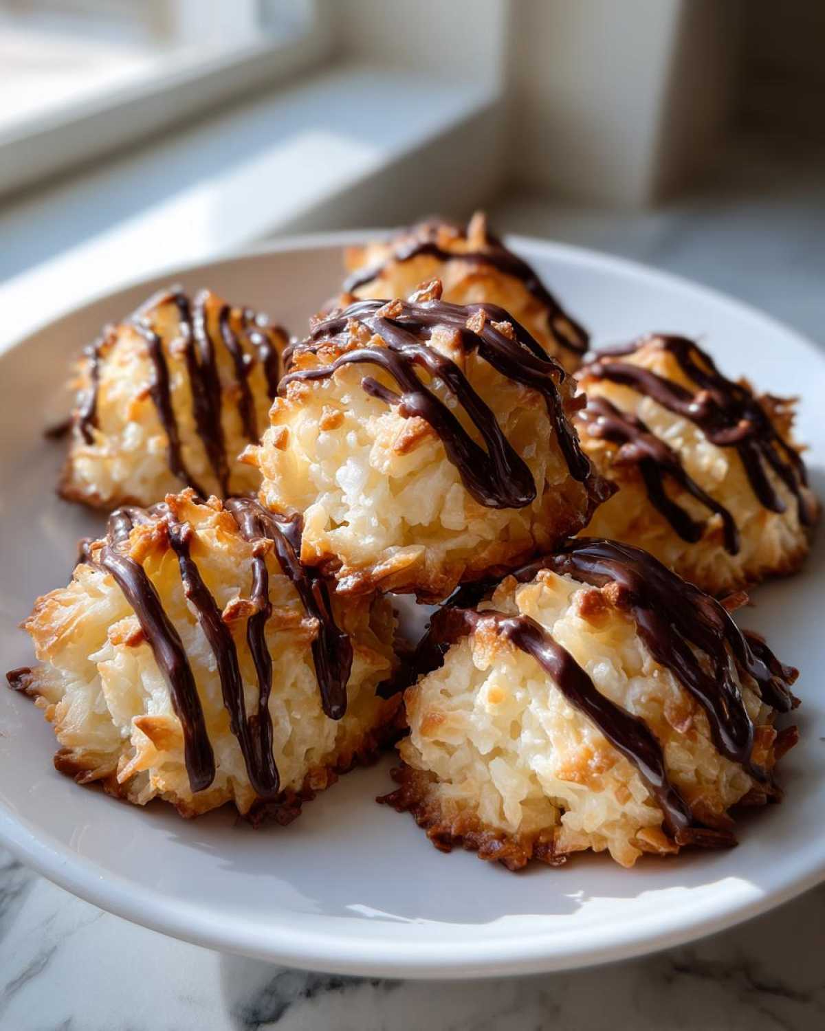 A stack of golden Coconut Macaroons with Dark Chocolate Drizzle sitting on a white plate near a window.