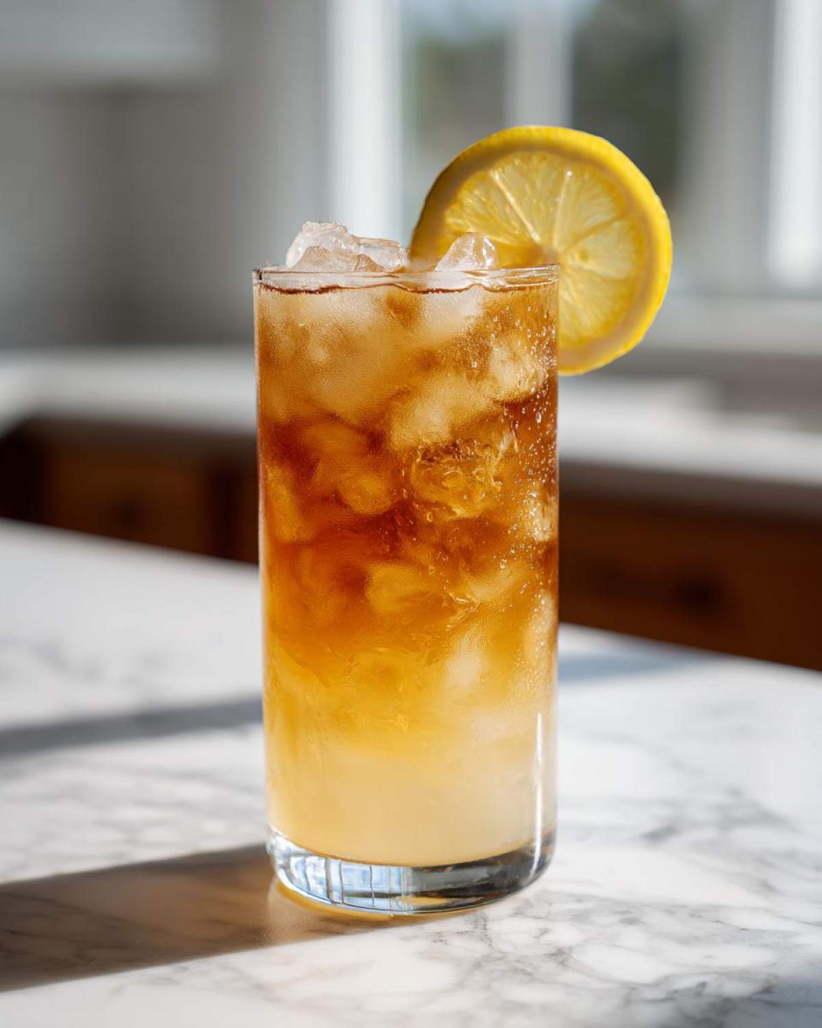 Tall glass filled with ice and layered Cold Brew Lemonade, garnished with a lemon slice.