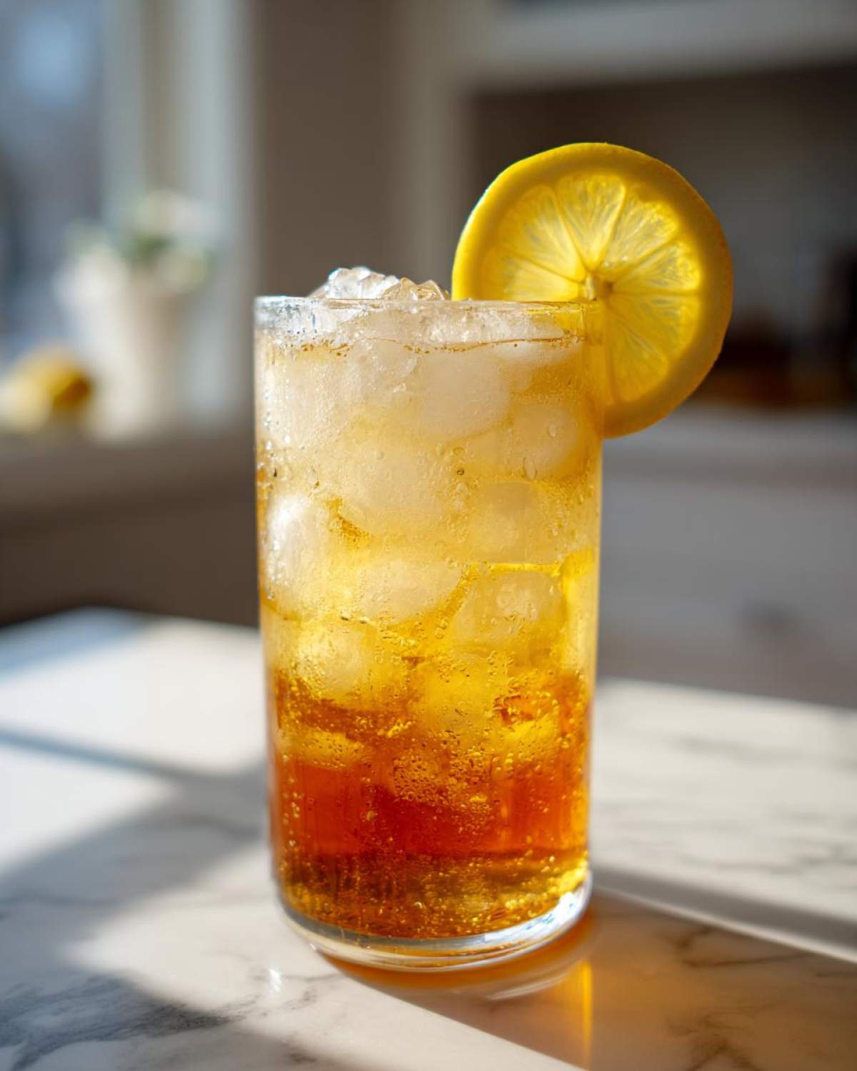 A tall glass filled with ice, showing layered amber Cold Brew Lemonade, garnished with a bright lemon slice.