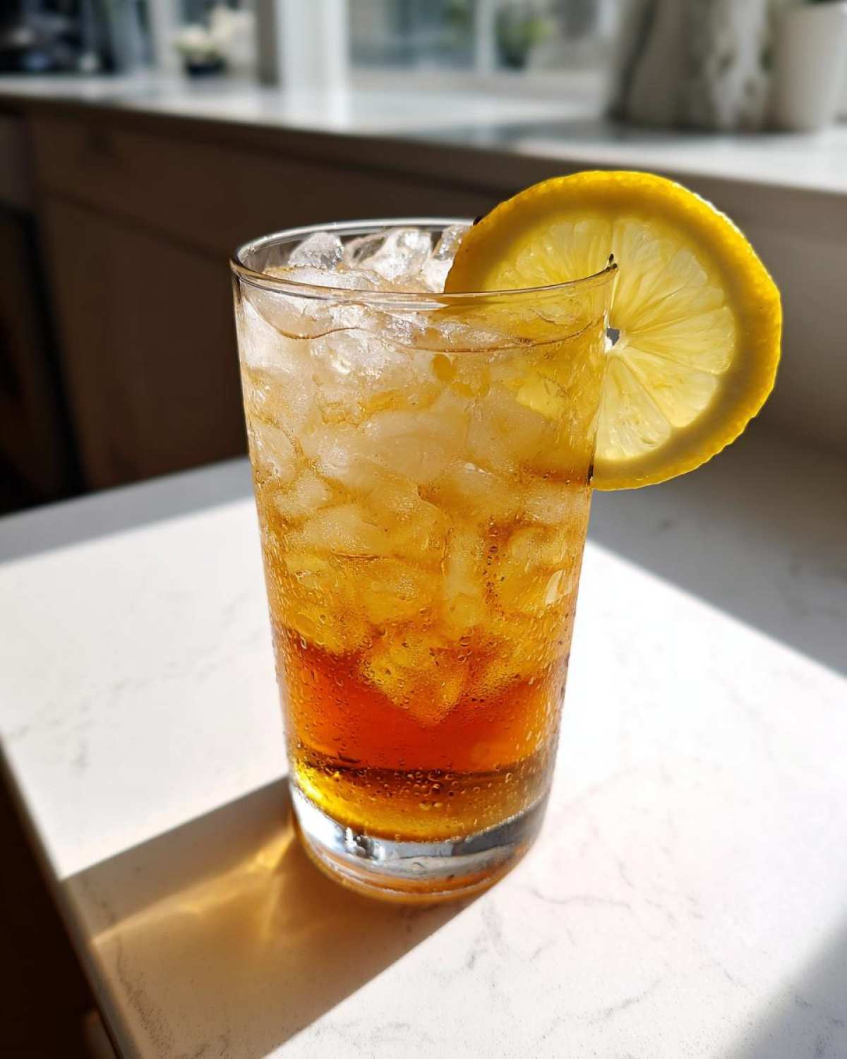 A tall glass filled with ice and amber-colored Cold Brew Lemonade, garnished with a lemon wheel.