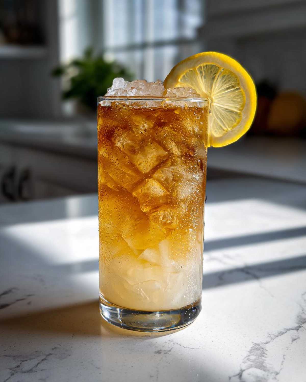 A tall glass filled with iced Cold Brew Lemonade, showing separation between the lighter lemonade base and the darker cold brew tea, garnished with a lemon wheel.