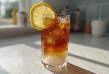 A tall glass filled with iced Cold Brew Lemonade, showing layers of liquid and condensation, garnished with a lemon slice.