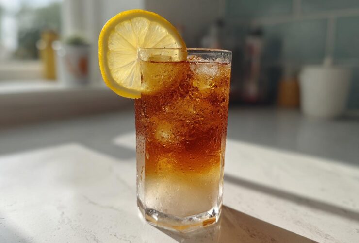 A tall glass filled with iced Cold Brew Lemonade, showing layers of liquid and condensation, garnished with a lemon slice.