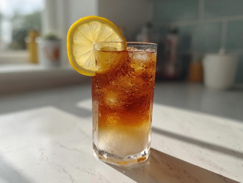 A tall glass filled with iced Cold Brew Lemonade, showing layers of liquid and condensation, garnished with a lemon slice.