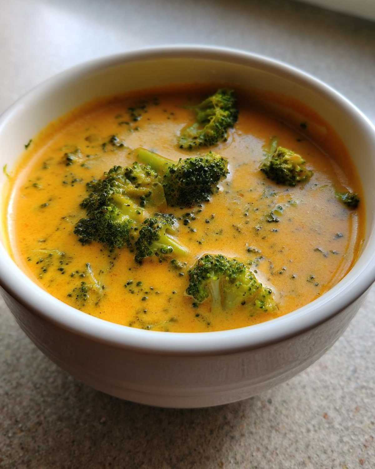 Close-up of a white bowl filled with vibrant orange Copycat Broccoli Cheddar Soup topped with bright green broccoli florets.