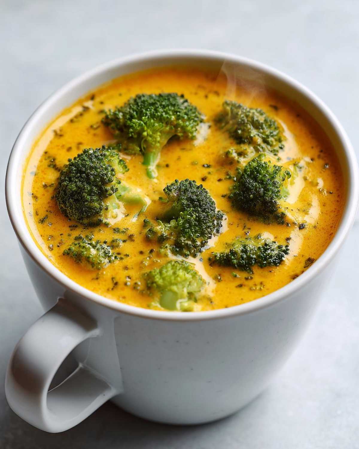 Close-up of steaming hot Copycat Broccoli Cheddar Soup, featuring bright green florets in a rich orange-yellow cheese broth.