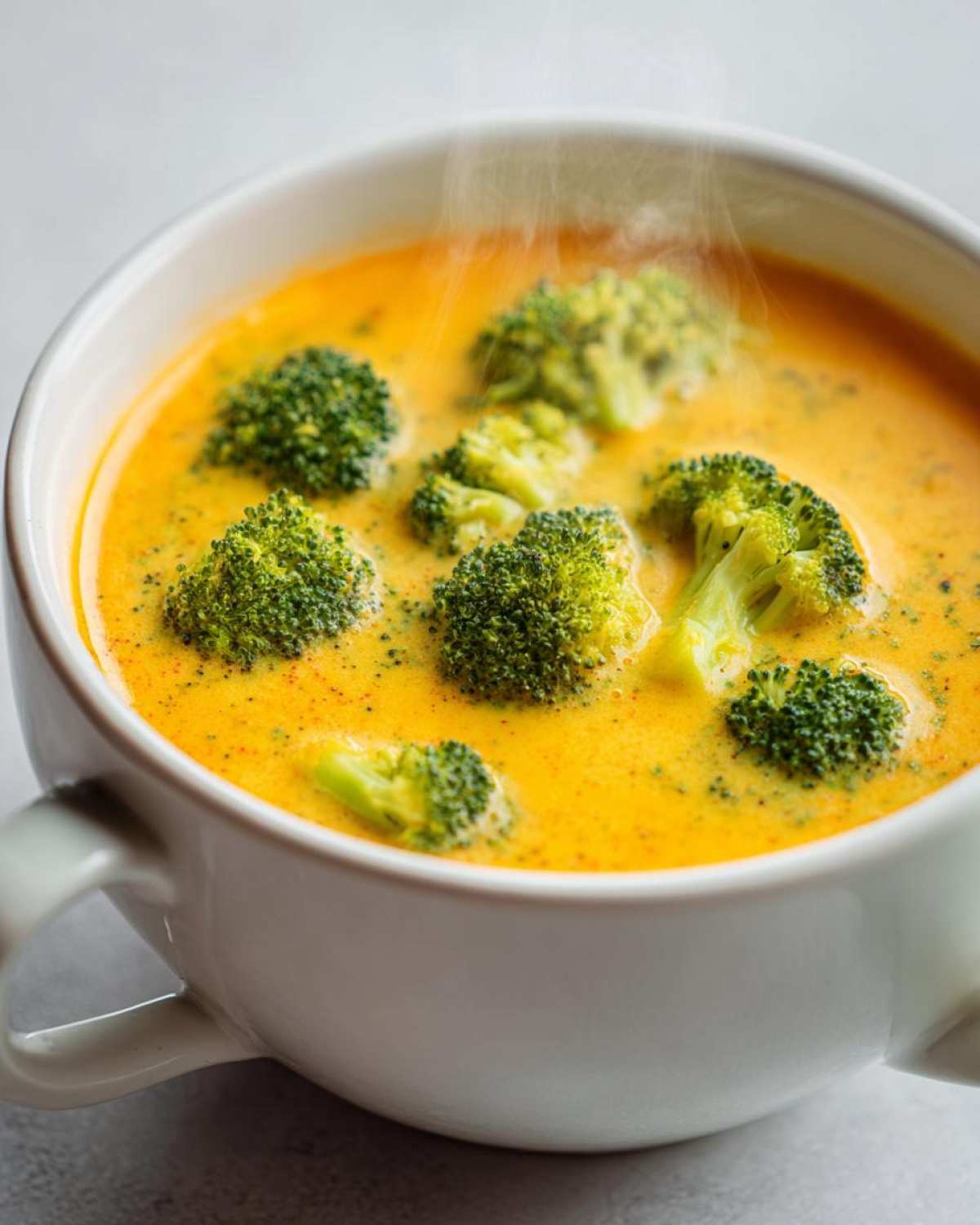 Close-up of a white mug filled with hot, creamy Copycat Broccoli Cheddar Soup topped with bright green broccoli florets.