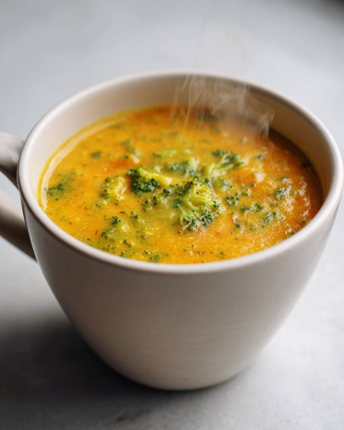 Close-up of hot, creamy Copycat Broccoli Cheddar Soup with visible broccoli florets steaming in a white mug.