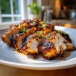Close-up of juicy, sliced Copycat Chipotle Chicken with a dark, charred spice crust on a white plate.