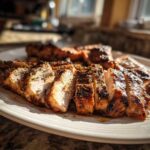 Close-up of perfectly sliced Copycat Chipotle Chicken breasts seasoned with herbs, resting on a white platter.