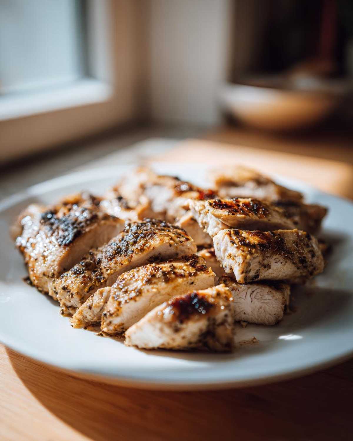 Close-up of sliced, seasoned Copycat Chipotle Chicken breast on a white plate, ready to serve.