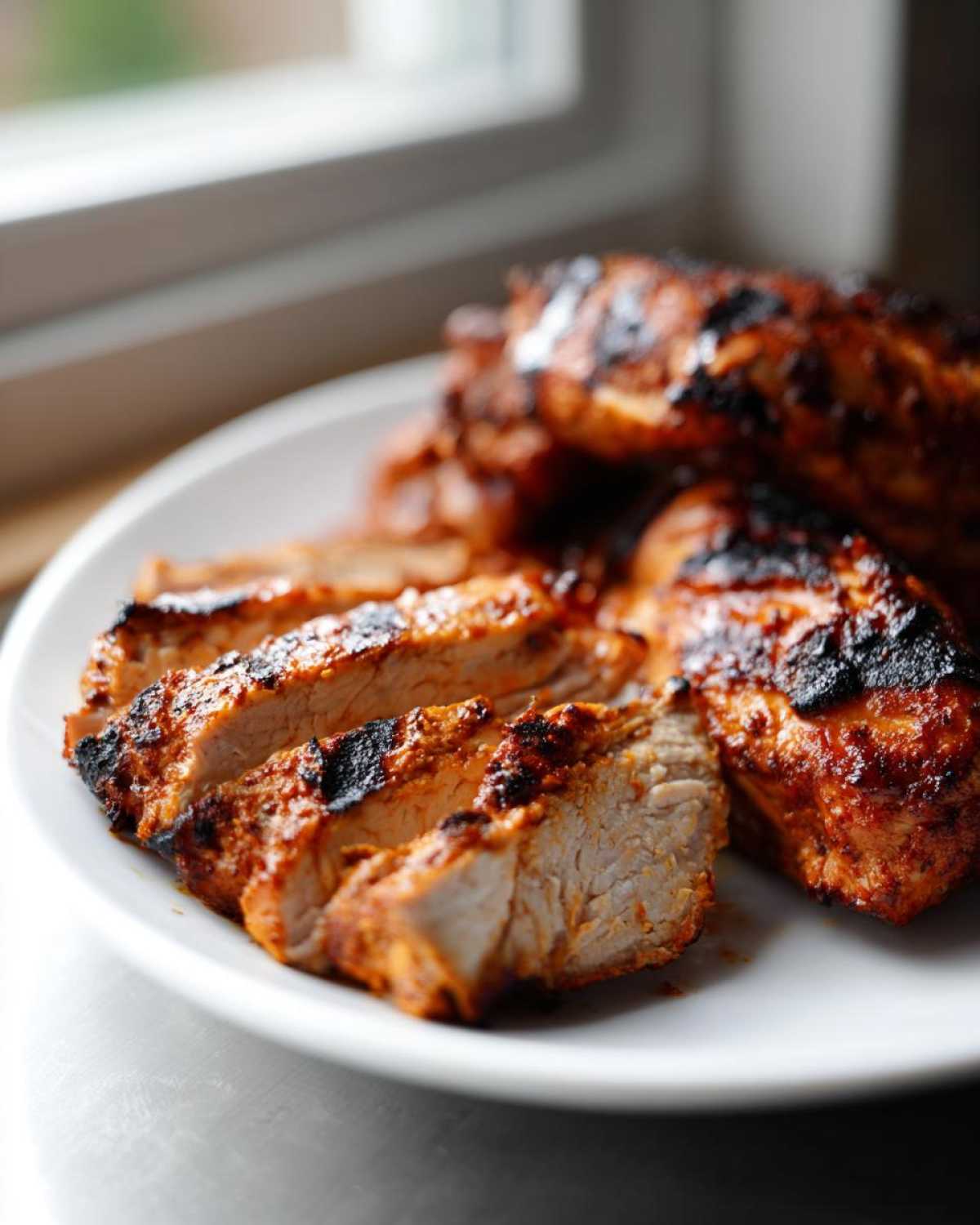 Close-up of sliced, charred Copycat Chipotle Chicken breast seasoned with red spices on a white plate.