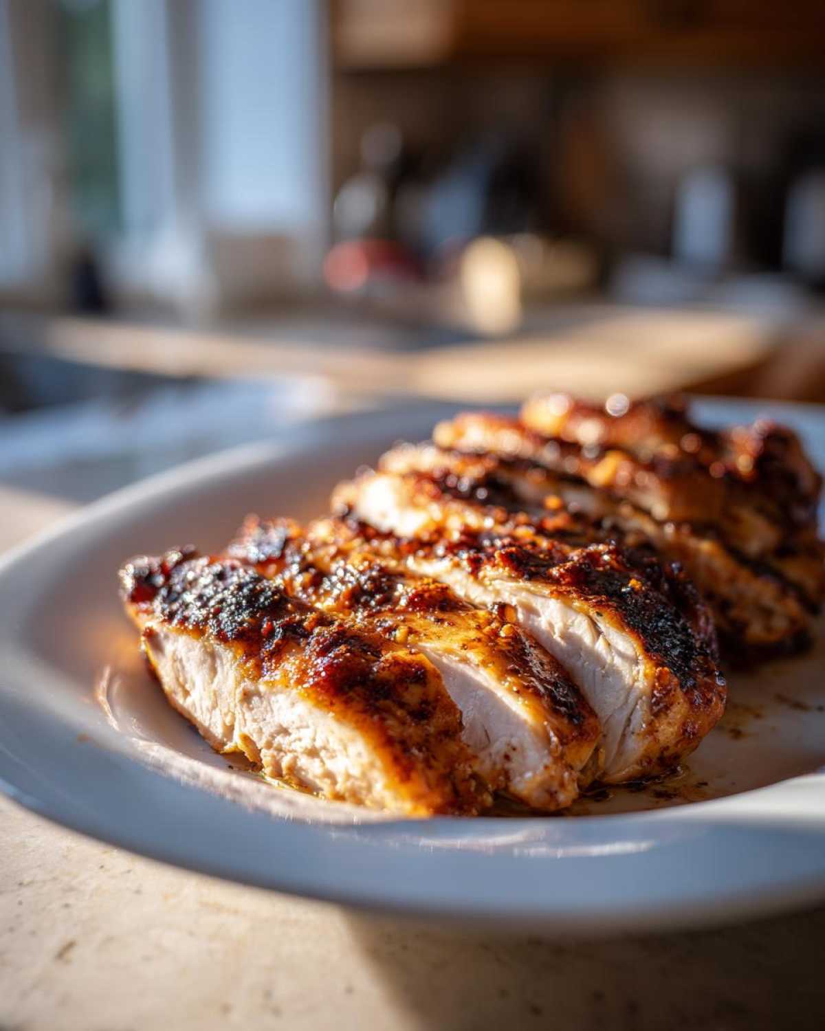 Close-up of sliced, perfectly cooked Copycat Chipotle Chicken breast with a dark, flavorful marinade.
