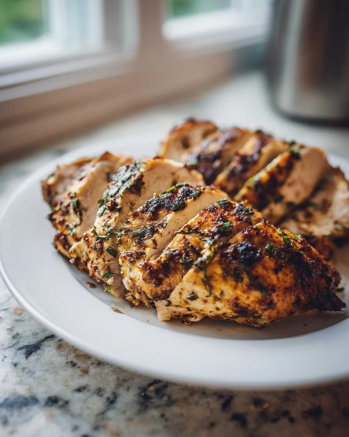 Close-up of sliced Copycat Chipotle Chicken, showing juicy interior and charred, seasoned exterior.
