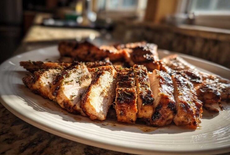 Close-up of perfectly sliced Copycat Chipotle Chicken breasts seasoned with herbs, resting on a white platter.