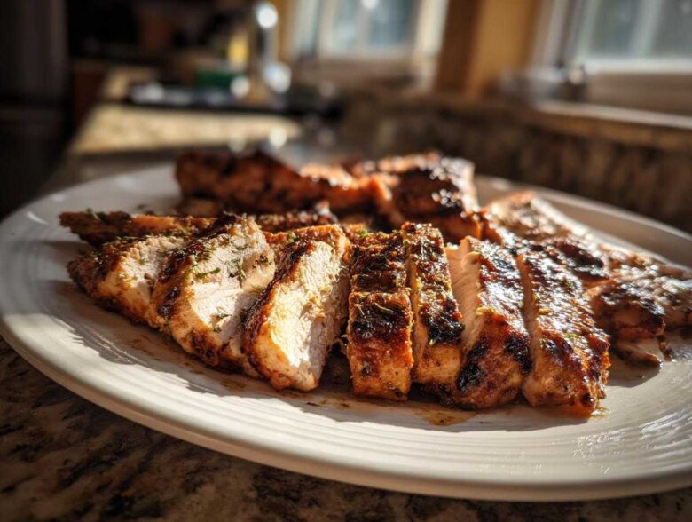 Close-up of perfectly sliced Copycat Chipotle Chicken breasts seasoned with herbs, resting on a white platter.