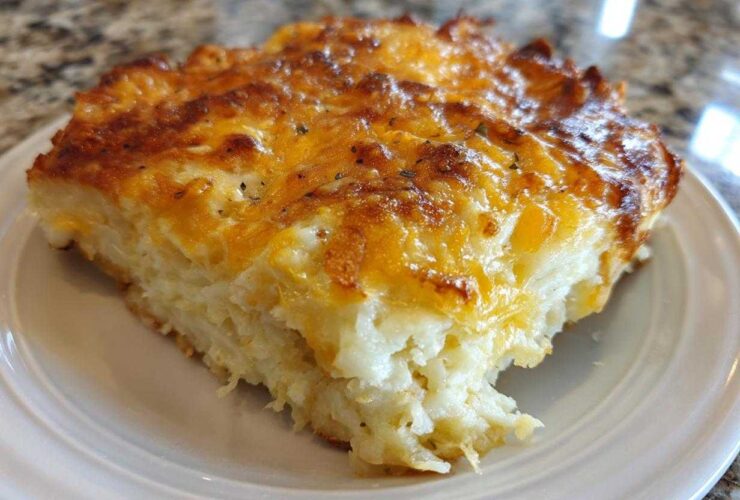 A close-up of a square serving of Copycat Cracker Barrel Hashbrown Casserole with a golden, cheesy top.